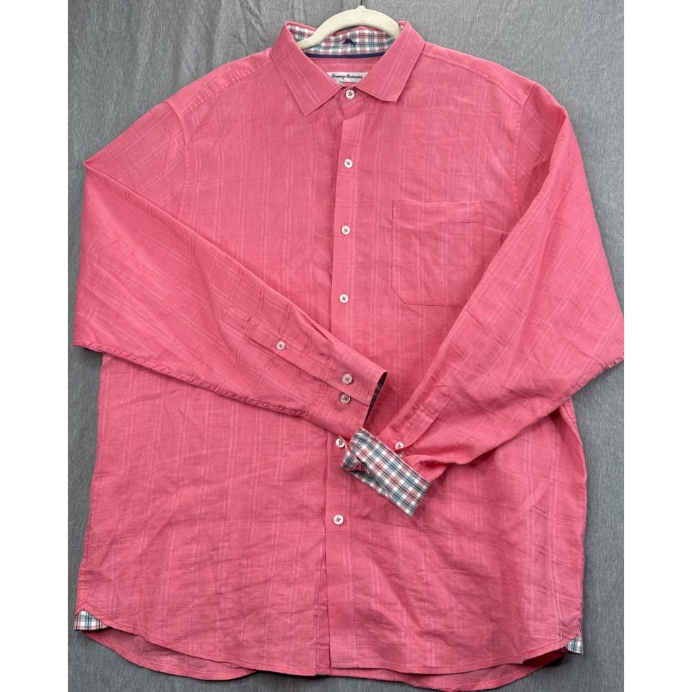 Tommy Bahama Button Up Shirt Textured Large Pink Linen Blend Long Sleeve Pocket